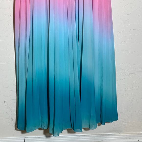 Amur Sleeveless Front Cut Out Emmet Pleated Chiffon Gown Ombre Sunset Size 4 - Picture 13 of 16